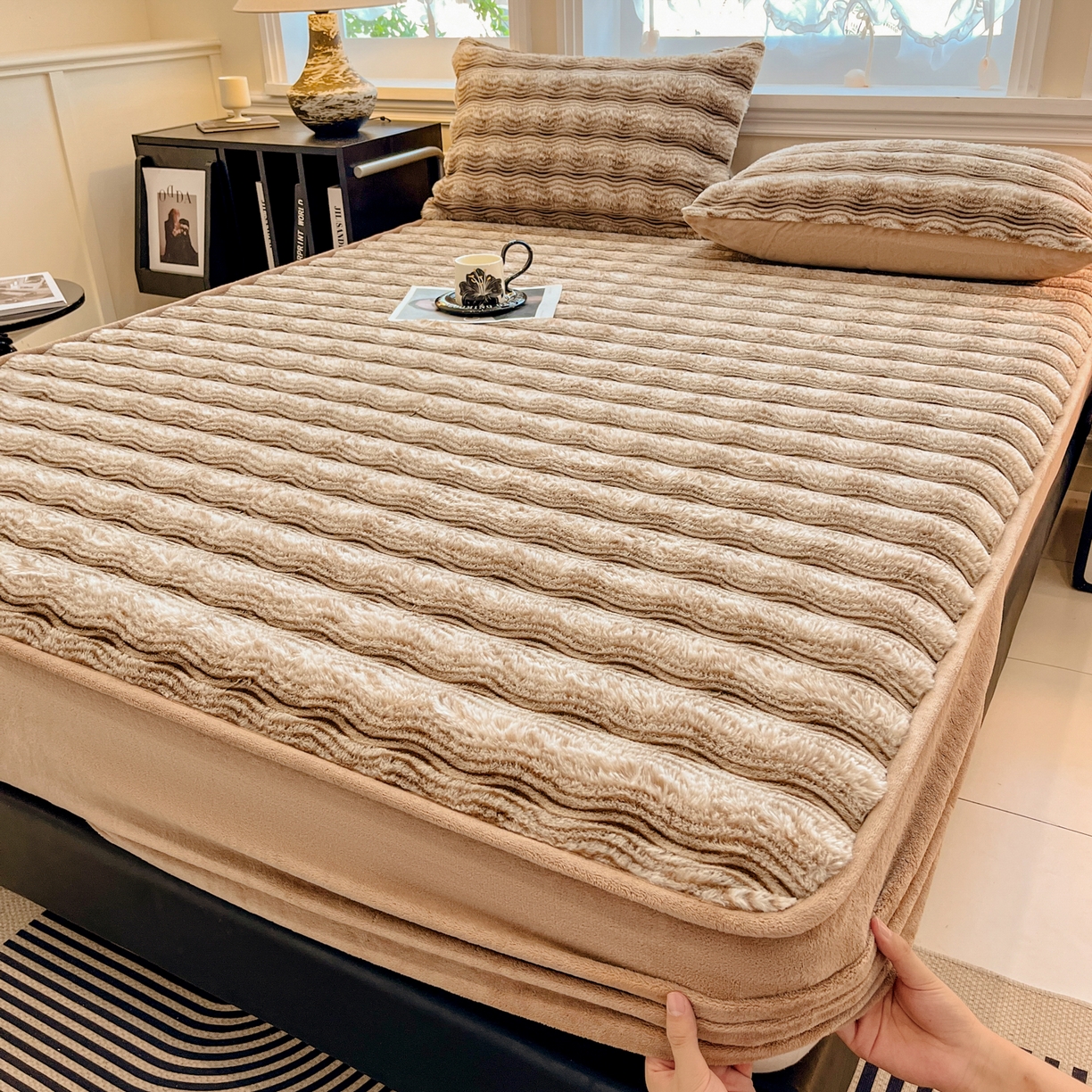 91家纺网 家纺一手货源 找家纺 （总）欧邦 2025新款轻奢波纹皮草兔毛绒床笠单床笠床笠单件