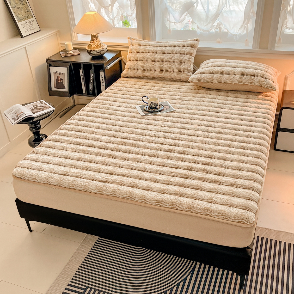 91家纺网 家纺一手货源 找家纺 欧邦 2025新款轻奢波纹皮草兔毛绒床笠单床笠床笠单件 波纹-米杏