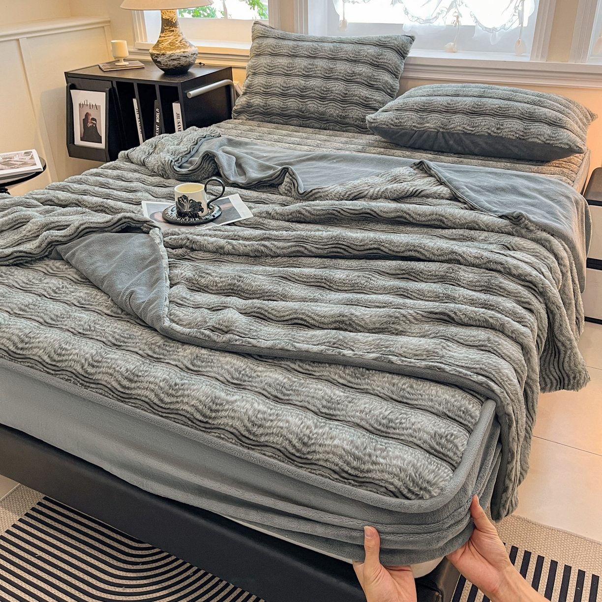 欧邦 2025新款轻奢波纹皮草兔毛绒床笠单床笠床笠单件 波纹-浅灰