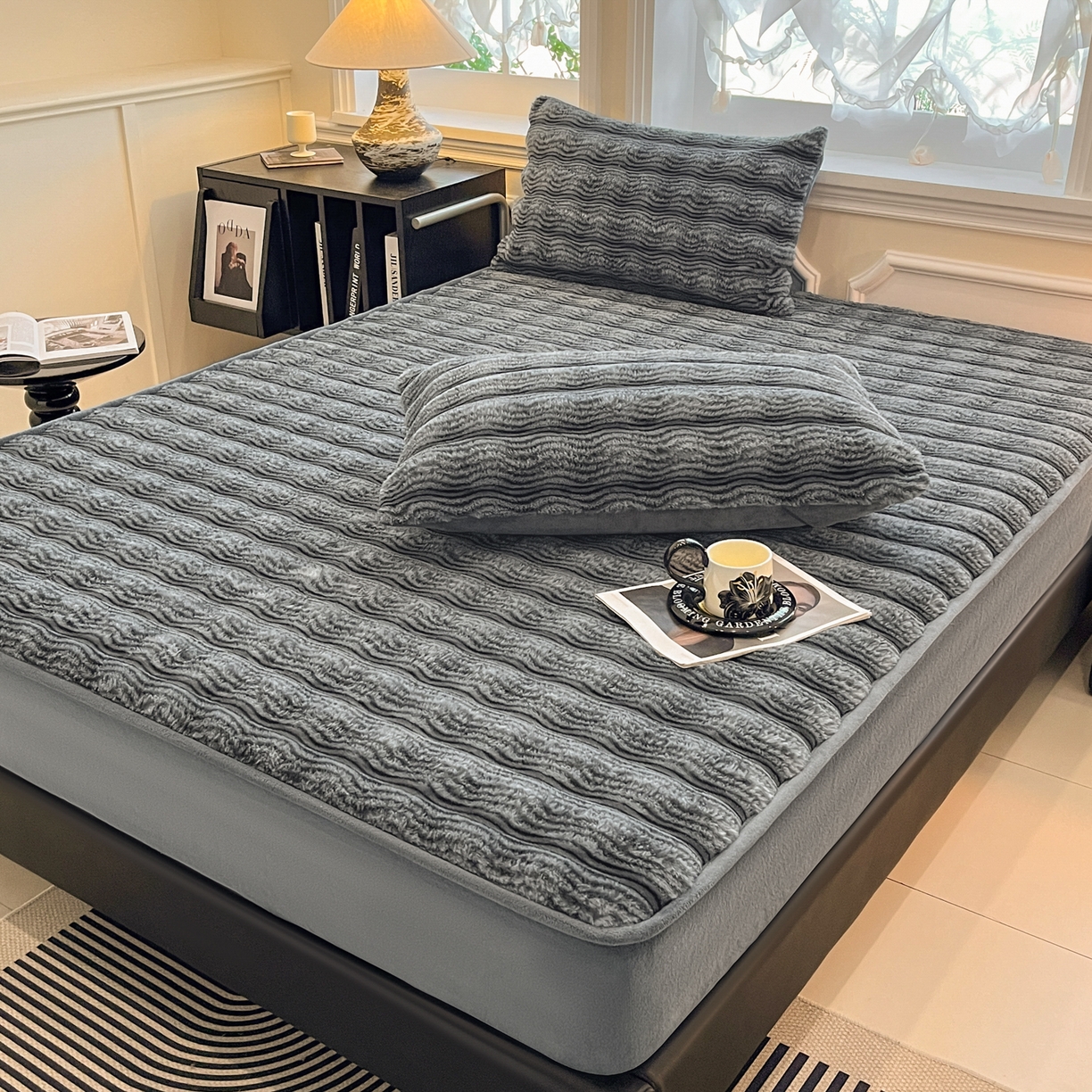 91家纺网 家纺一手货源 找家纺 欧邦 2025新款轻奢波纹皮草兔毛绒床笠单床笠床笠单件 波纹-深灰