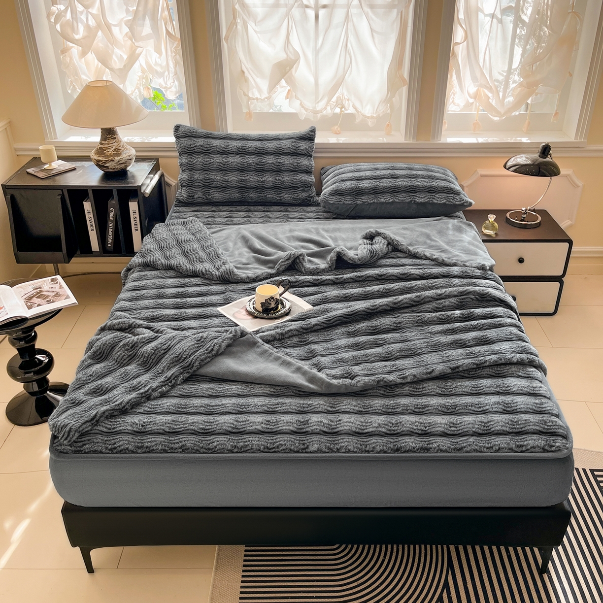 91家纺网 家纺一手货源 找家纺 欧邦 2025新款轻奢波纹皮草兔毛绒床笠单床笠床笠单件 波纹-深灰