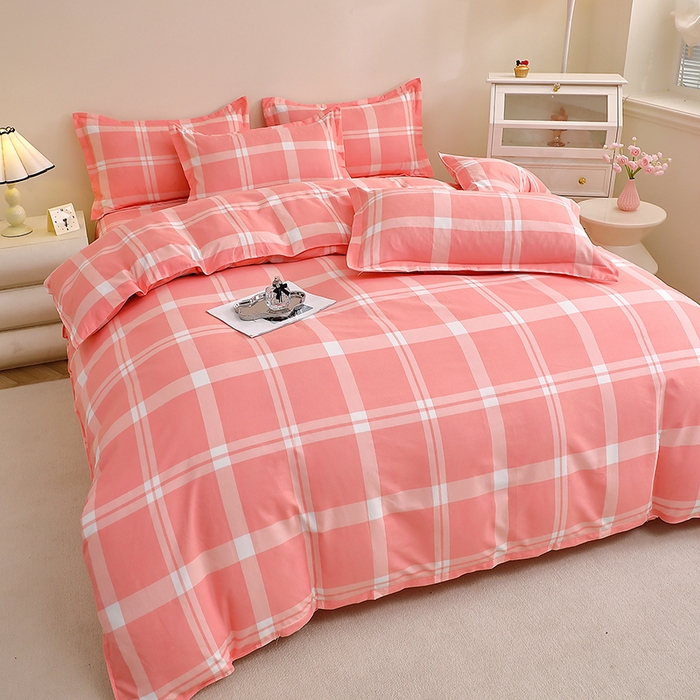 91家纺网 家纺一手货源 找家纺 北部居 2025新款加厚化纤四件套 粉大格