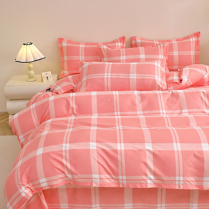 91家纺网 家纺一手货源 找家纺 北部居 2025新款加厚化纤四件套 粉大格