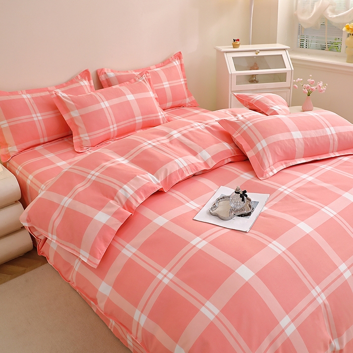 91家纺网 家纺一手货源 找家纺 北部居 2025新款加厚化纤四件套 粉大格