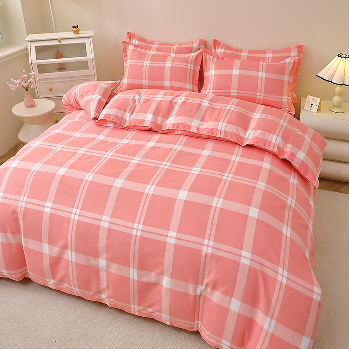 91家纺网 家纺一手货源 找家纺 北部居 2025新款加厚化纤四件套 粉大格