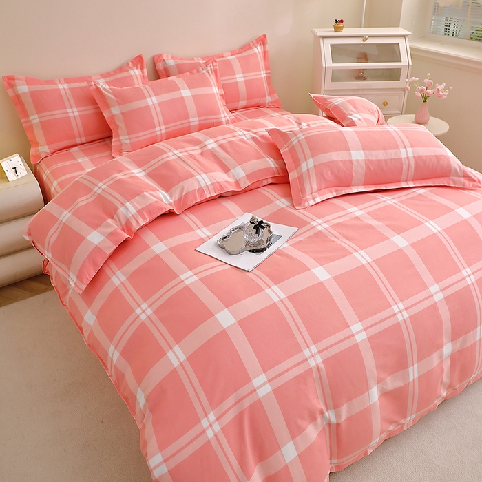 91家纺网 家纺一手货源 找家纺 北部居 2025新款加厚化纤四件套 粉大格