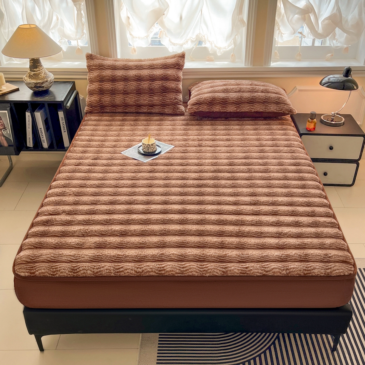 91家纺网 家纺一手货源 找家纺 欧邦 2025新款轻奢波纹皮草兔毛绒床笠单床笠床笠单件 波纹-深咖