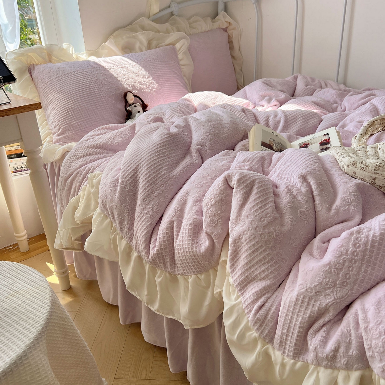 轻奢坊 2025牛奶绒全消光烂花双层雪纺纱花边四件套-甜糖 甜糖紫