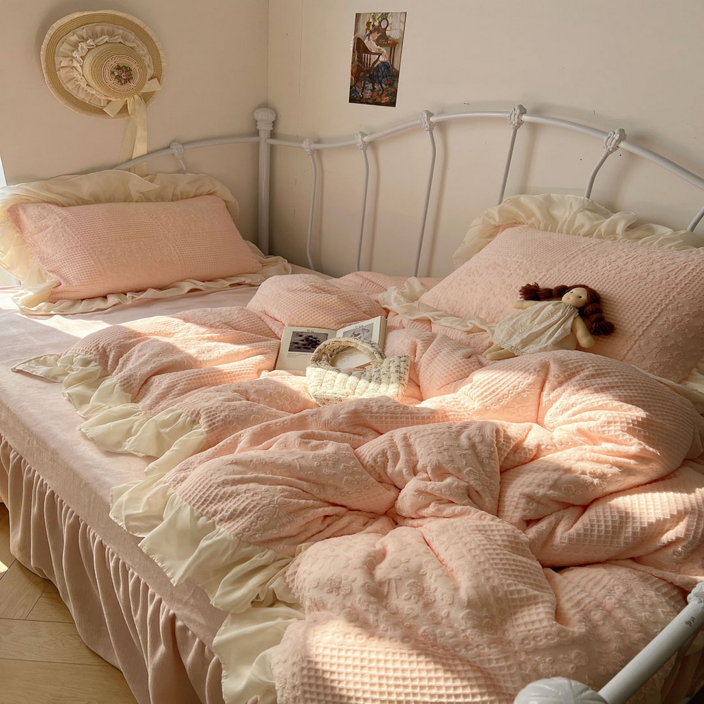 91家纺网 家纺一手货源 找家纺 （总）轻奢坊 2025牛奶绒全消光烂花双层雪纺纱花边四件套-甜糖