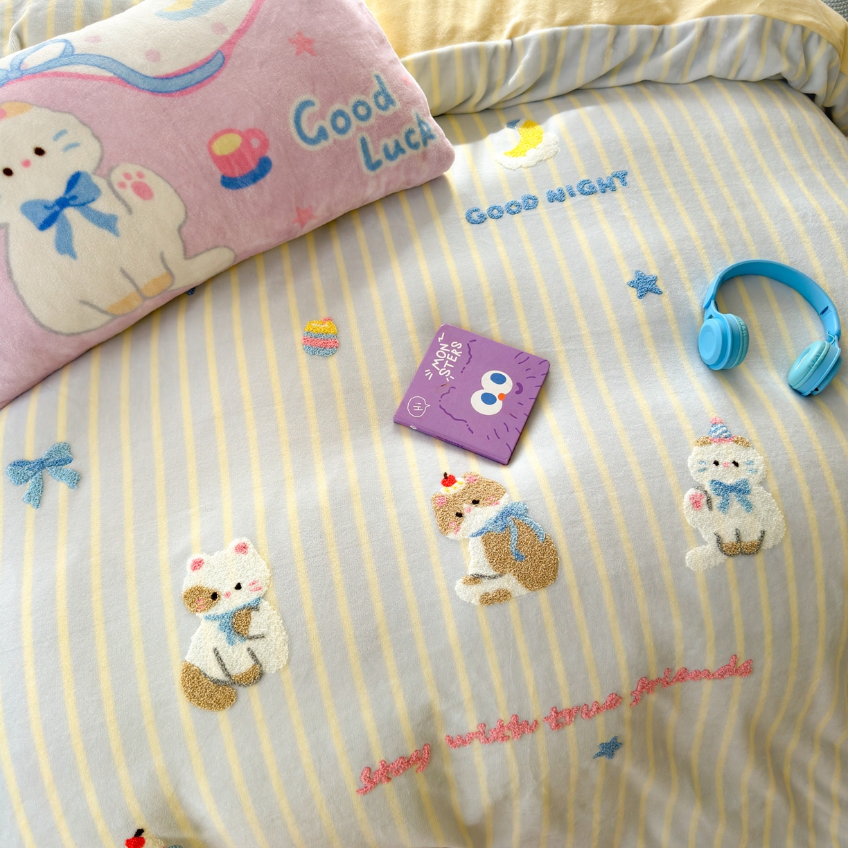 91家纺网 家纺一手货源 找家纺 （总）优彩 2025新款牛奶绒绣花四件套毛巾绣贴布绣牛奶绒四件套