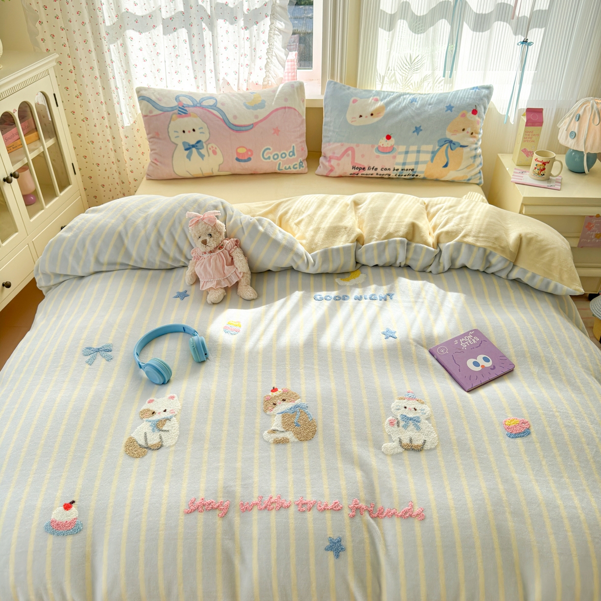 优彩 2025新款牛奶绒绣花四件套毛巾绣贴布绣牛奶绒四件套 晚安猫