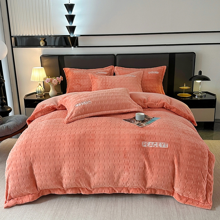 乐坊 2025新款全消光雕花绒牛奶绒刺绣四件套-甜梦 甜梦-橙色