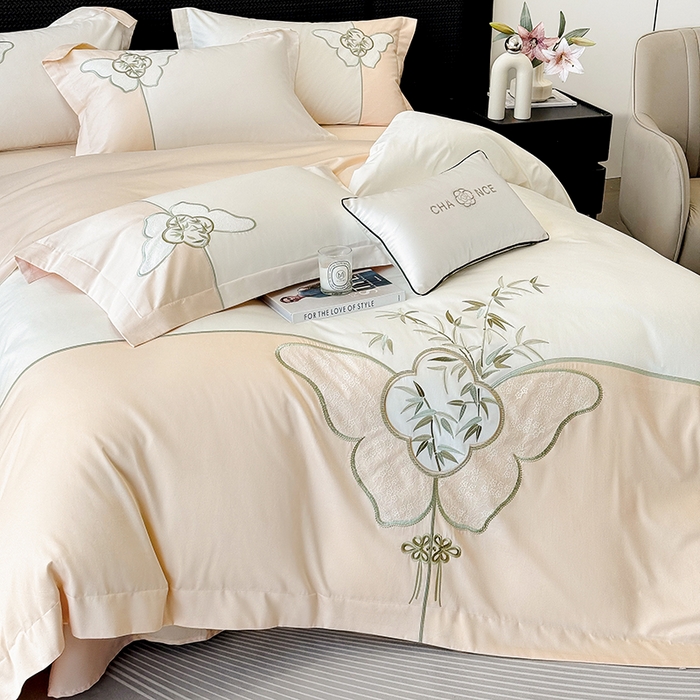 91家纺网 家纺一手货源 找家纺 （总）丞音 新中式轻奢风A类长绒棉50s双股100支贡缎绣花全棉被套刺绣纯棉四件套床笠高档礼盒包装