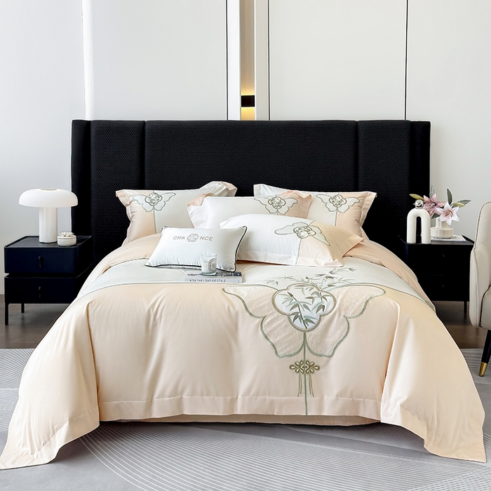 91家纺网 家纺一手货源 找家纺 （总）丞音 新中式轻奢风A类长绒棉50s双股100支贡缎绣花全棉被套刺绣纯棉四件套床笠高档礼盒包装