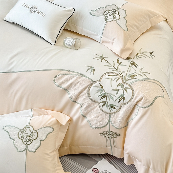 91家纺网 家纺一手货源 找家纺 （总）丞音 新中式轻奢风A类长绒棉50s双股100支贡缎绣花全棉被套刺绣纯棉四件套床笠高档礼盒包装