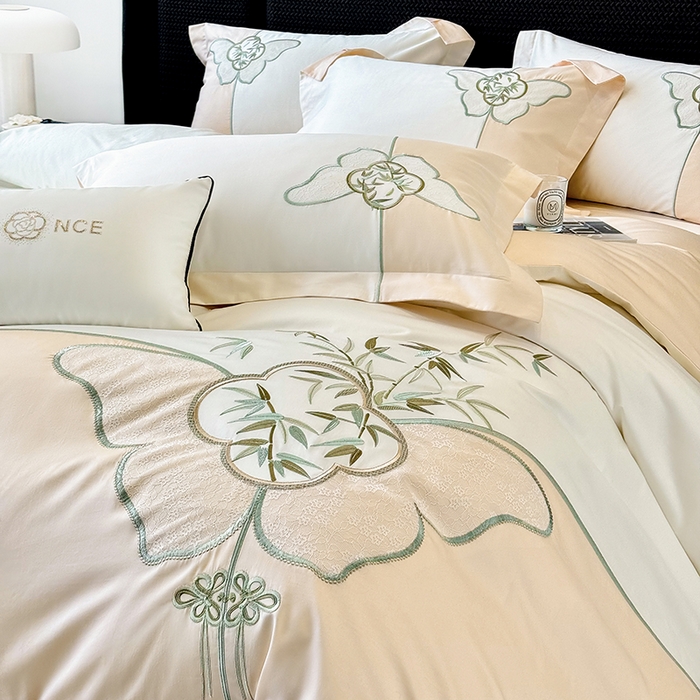 91家纺网 家纺一手货源 找家纺 （总）丞音 新中式轻奢风A类长绒棉50s双股100支贡缎绣花全棉被套刺绣纯棉四件套床笠高档礼盒包装