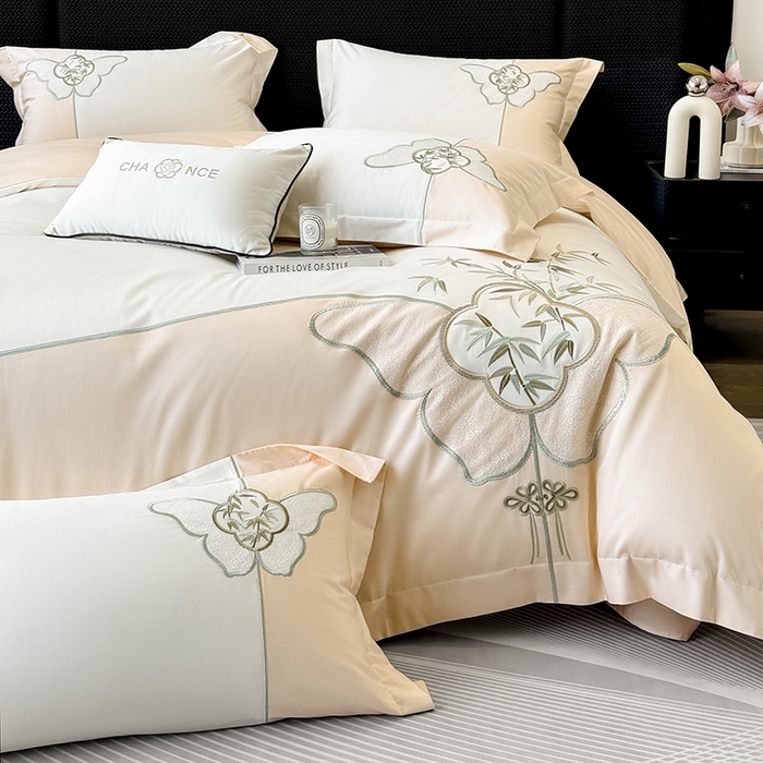 91家纺网 家纺一手货源 找家纺 （总）丞音 新中式轻奢风A类长绒棉50s双股100支贡缎绣花全棉被套刺绣纯棉四件套床笠高档礼盒包装