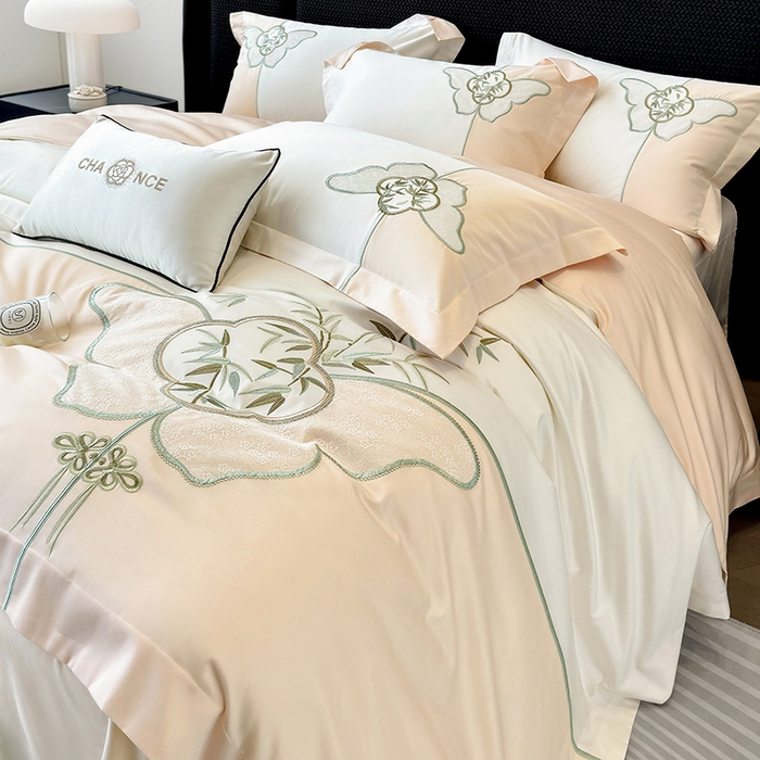 91家纺网 家纺一手货源 找家纺 丞音 新中式轻奢风A类长绒棉50s双股100支贡缎绣花全棉被套刺绣纯棉四件套床笠高档礼盒包装 竹叶清风-玫瑰金