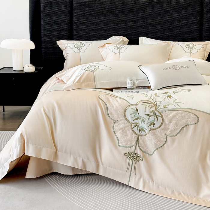 91家纺网 家纺一手货源 找家纺 丞音 新中式轻奢风A类长绒棉50s双股100支贡缎绣花全棉被套刺绣纯棉四件套床笠高档礼盒包装 竹叶清风-玫瑰金