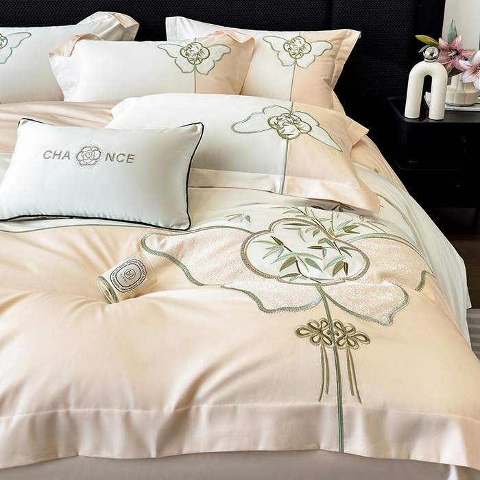 91家纺网 家纺一手货源 找家纺 丞音 新中式轻奢风A类长绒棉50s双股100支贡缎绣花全棉被套刺绣纯棉四件套床笠高档礼盒包装 竹叶清风-玫瑰金