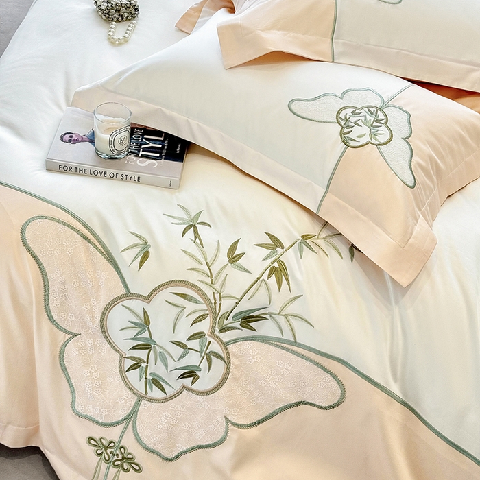 91家纺网 家纺一手货源 找家纺 丞音 新中式轻奢风A类长绒棉50s双股100支贡缎绣花全棉被套刺绣纯棉四件套床笠高档礼盒包装 竹叶清风-玫瑰金