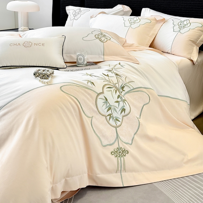 91家纺网 家纺一手货源 找家纺 丞音 新中式轻奢风A类长绒棉50s双股100支贡缎绣花全棉被套刺绣纯棉四件套床笠高档礼盒包装 竹叶清风-玫瑰金