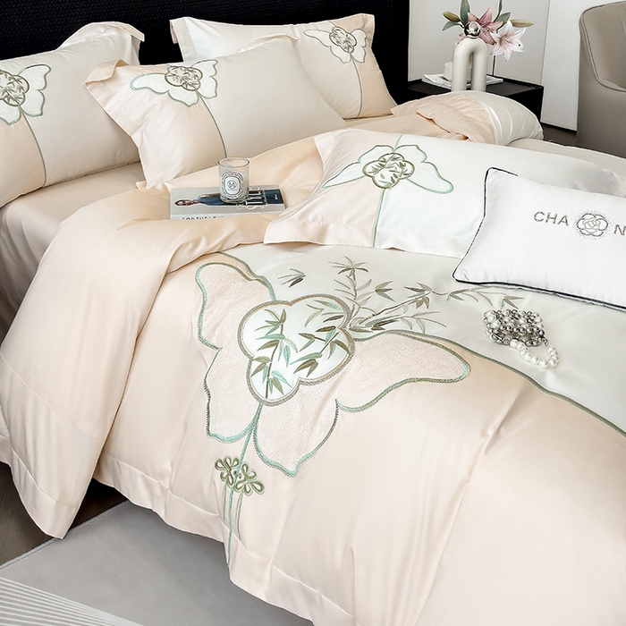 91家纺网 家纺一手货源 找家纺 丞音 新中式轻奢风A类长绒棉50s双股100支贡缎绣花全棉被套刺绣纯棉四件套床笠高档礼盒包装 竹叶清风-玫瑰金