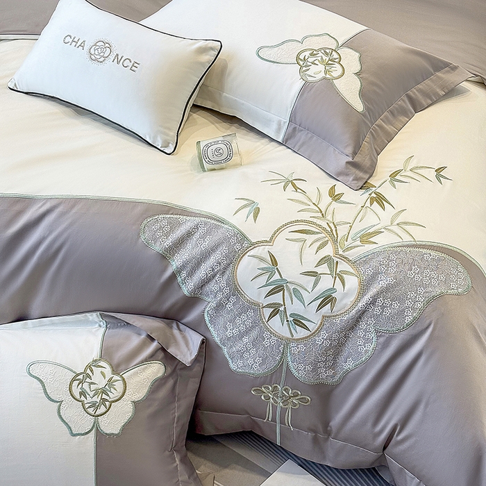 91家纺网 家纺一手货源 找家纺 丞音 新中式轻奢风A类长绒棉50s双股100支贡缎绣花全棉被套刺绣纯棉四件套床笠高档礼盒包装 竹叶清风-太空灰