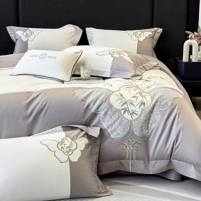 91家纺网 家纺一手货源 找家纺 丞音 新中式轻奢风A类长绒棉50s双股100支贡缎绣花全棉被套刺绣纯棉四件套床笠高档礼盒包装 竹叶清风-太空灰