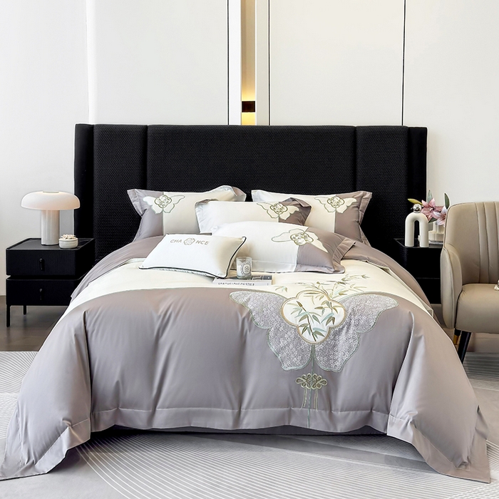 91家纺网 家纺一手货源 找家纺 丞音 新中式轻奢风A类长绒棉50s双股100支贡缎绣花全棉被套刺绣纯棉四件套床笠高档礼盒包装 竹叶清风-太空灰