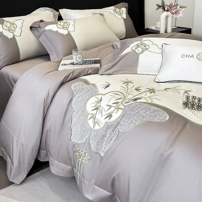 91家纺网 家纺一手货源 找家纺 丞音 新中式轻奢风A类长绒棉50s双股100支贡缎绣花全棉被套刺绣纯棉四件套床笠高档礼盒包装 竹叶清风-太空灰