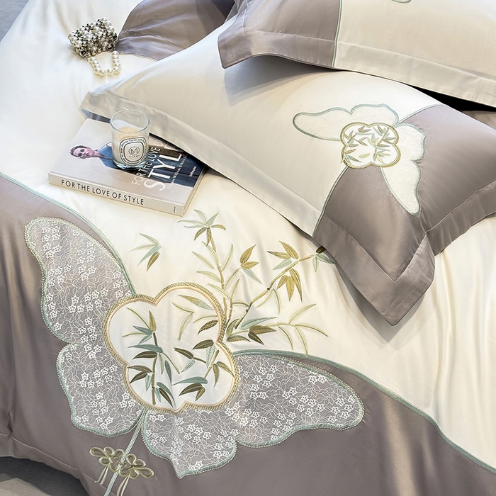 91家纺网 家纺一手货源 找家纺 丞音 新中式轻奢风A类长绒棉50s双股100支贡缎绣花全棉被套刺绣纯棉四件套床笠高档礼盒包装 竹叶清风-太空灰