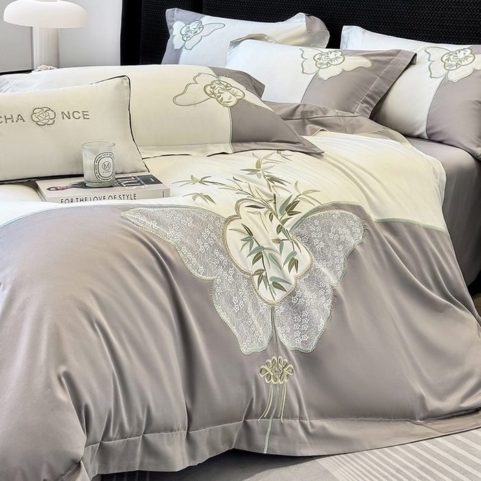 91家纺网 家纺一手货源 找家纺 丞音 新中式轻奢风A类长绒棉50s双股100支贡缎绣花全棉被套刺绣纯棉四件套床笠高档礼盒包装 竹叶清风-太空灰