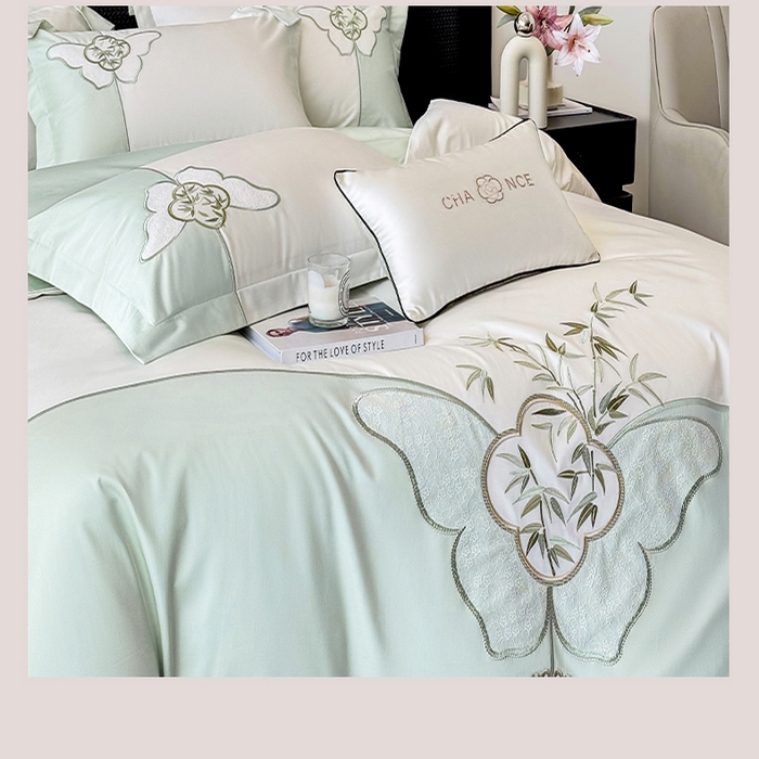 91家纺网 家纺一手货源 找家纺 丞音 新中式轻奢风A类长绒棉50s双股100支贡缎绣花全棉被套刺绣纯棉四件套床笠高档礼盒包装 竹叶清风-清新绿