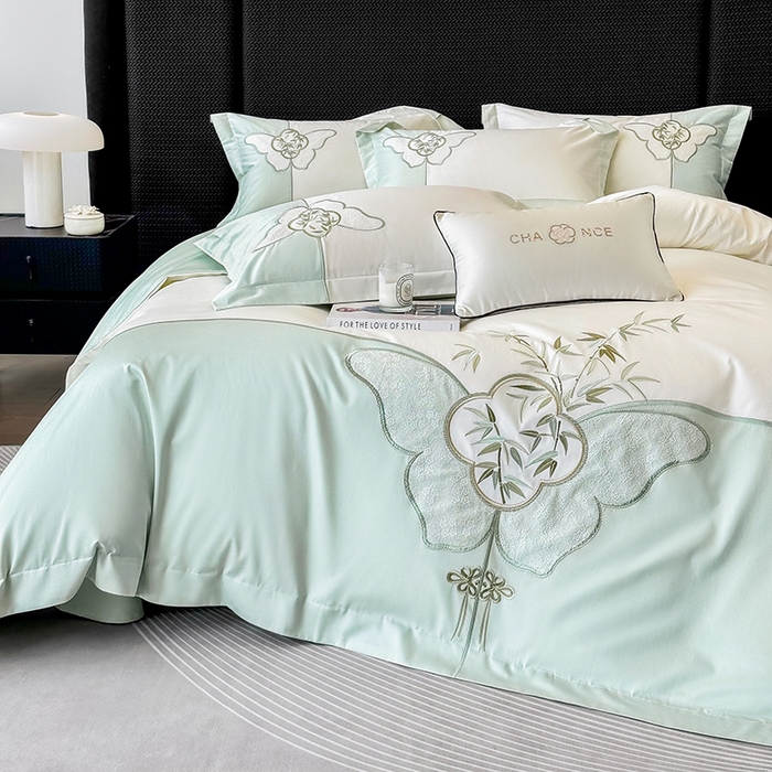 91家纺网 家纺一手货源 找家纺 丞音 新中式轻奢风A类长绒棉50s双股100支贡缎绣花全棉被套刺绣纯棉四件套床笠高档礼盒包装 竹叶清风-清新绿