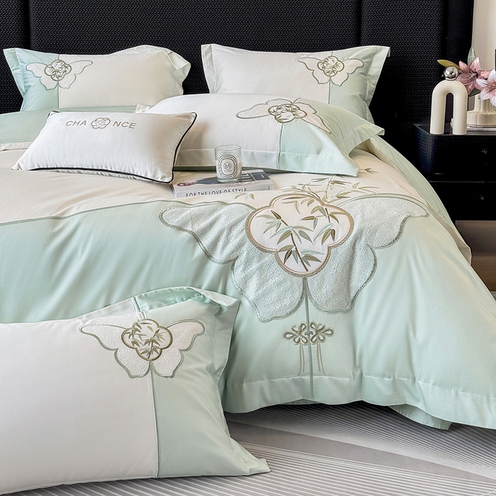 91家纺网 家纺一手货源 找家纺 丞音 新中式轻奢风A类长绒棉50s双股100支贡缎绣花全棉被套刺绣纯棉四件套床笠高档礼盒包装 竹叶清风-清新绿