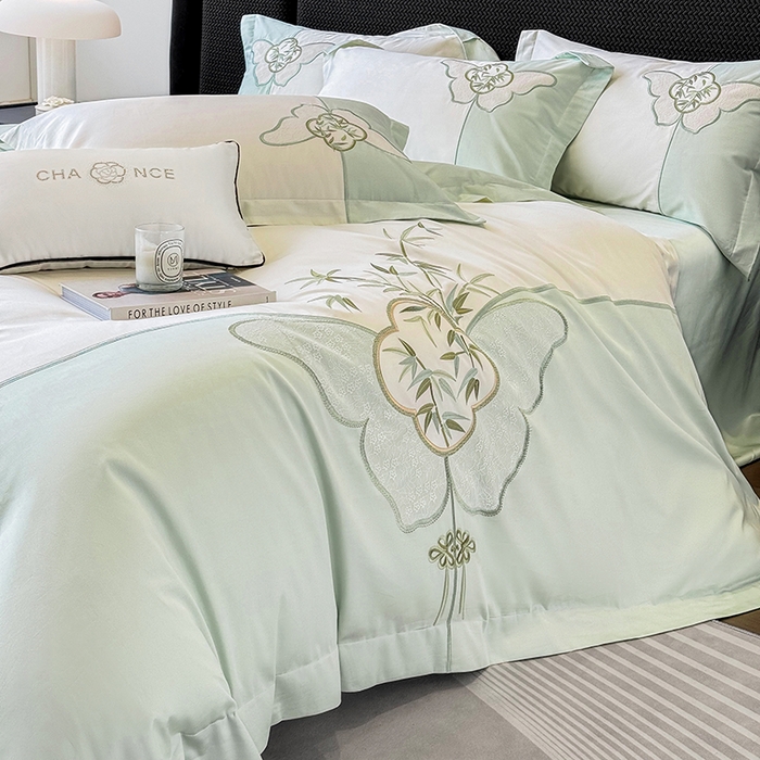 91家纺网 家纺一手货源 找家纺 丞音 新中式轻奢风A类长绒棉50s双股100支贡缎绣花全棉被套刺绣纯棉四件套床笠高档礼盒包装 竹叶清风-清新绿