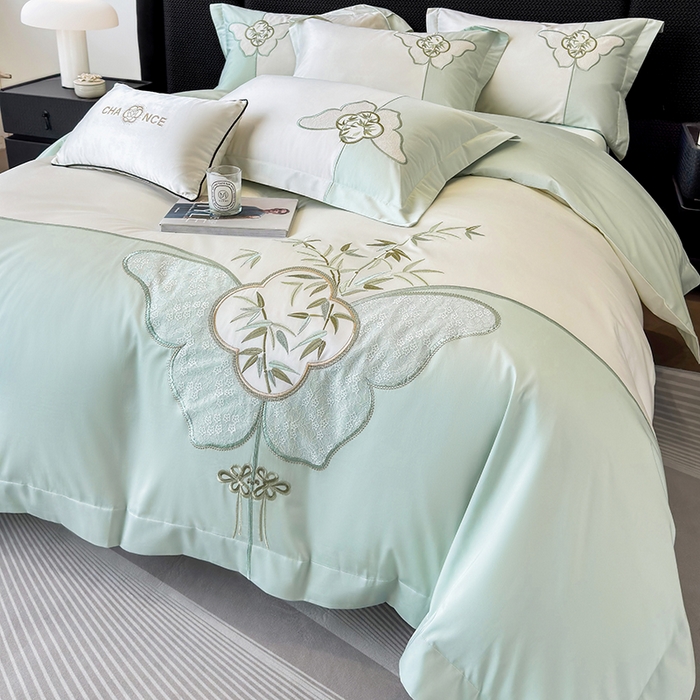 91家纺网 家纺一手货源 找家纺 丞音 新中式轻奢风A类长绒棉50s双股100支贡缎绣花全棉被套刺绣纯棉四件套床笠高档礼盒包装 竹叶清风-清新绿