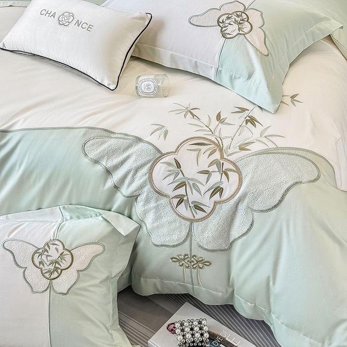 91家纺网 家纺一手货源 找家纺 丞音 新中式轻奢风A类长绒棉50s双股100支贡缎绣花全棉被套刺绣纯棉四件套床笠高档礼盒包装 竹叶清风-清新绿