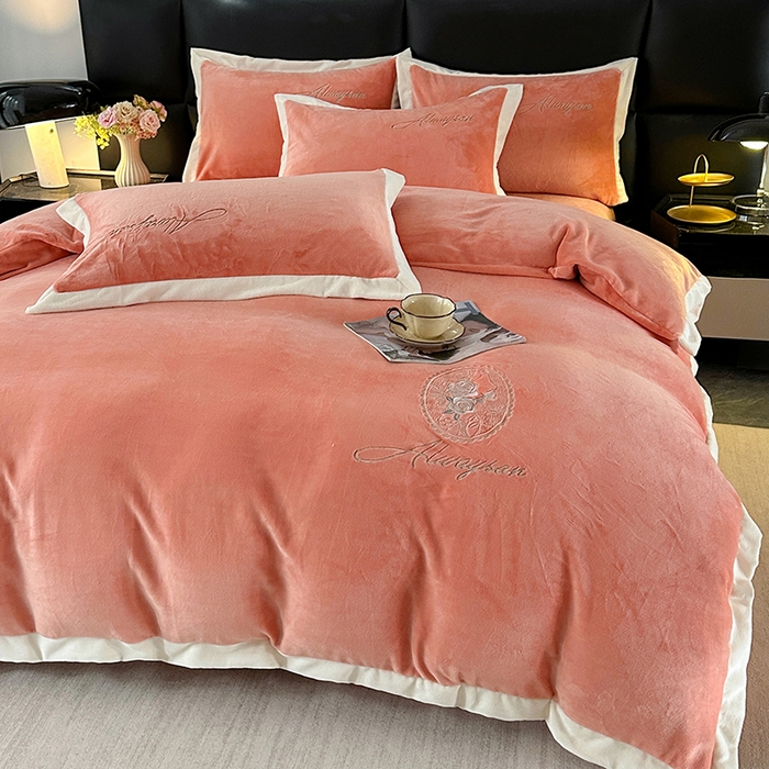 91家纺网 家纺一手货源 找家纺 乐坊 2025新款全消光雕花绒牛奶绒刺绣四件套-香颂 香颂-橘色