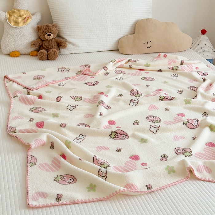 91家纺网 家纺一手货源 找家纺 嗨生活 2025新款雪粒绒双面绒贝壳边锁边居家办公多功能盖毯幼儿园毛毯儿童毛毯推车毯 甜心小兔