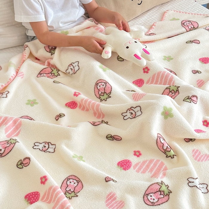 91家纺网 家纺一手货源 找家纺 嗨生活 2025新款雪粒绒双面绒贝壳边锁边居家办公多功能盖毯幼儿园毛毯儿童毛毯推车毯 甜心小兔