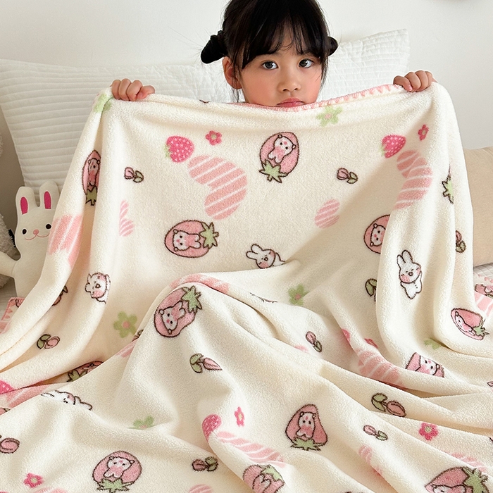 91家纺网 家纺一手货源 找家纺 嗨生活 2025新款雪粒绒双面绒贝壳边锁边居家办公多功能盖毯幼儿园毛毯儿童毛毯推车毯 甜心小兔