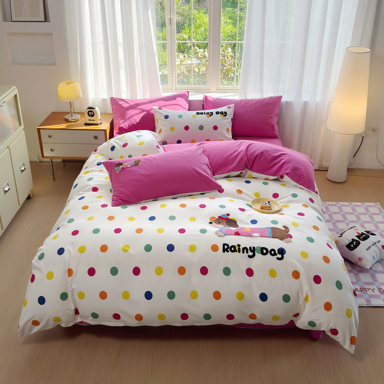 怡家居 2025新款全棉纯棉磨毛绣花四件套-普通款 彩虹狗狗