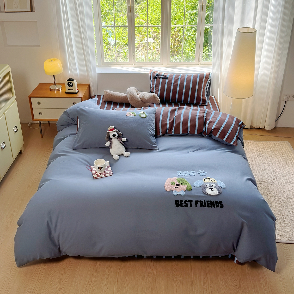 怡家居 2025新款全棉纯棉磨毛绣花四件套-普通款 布丁狗