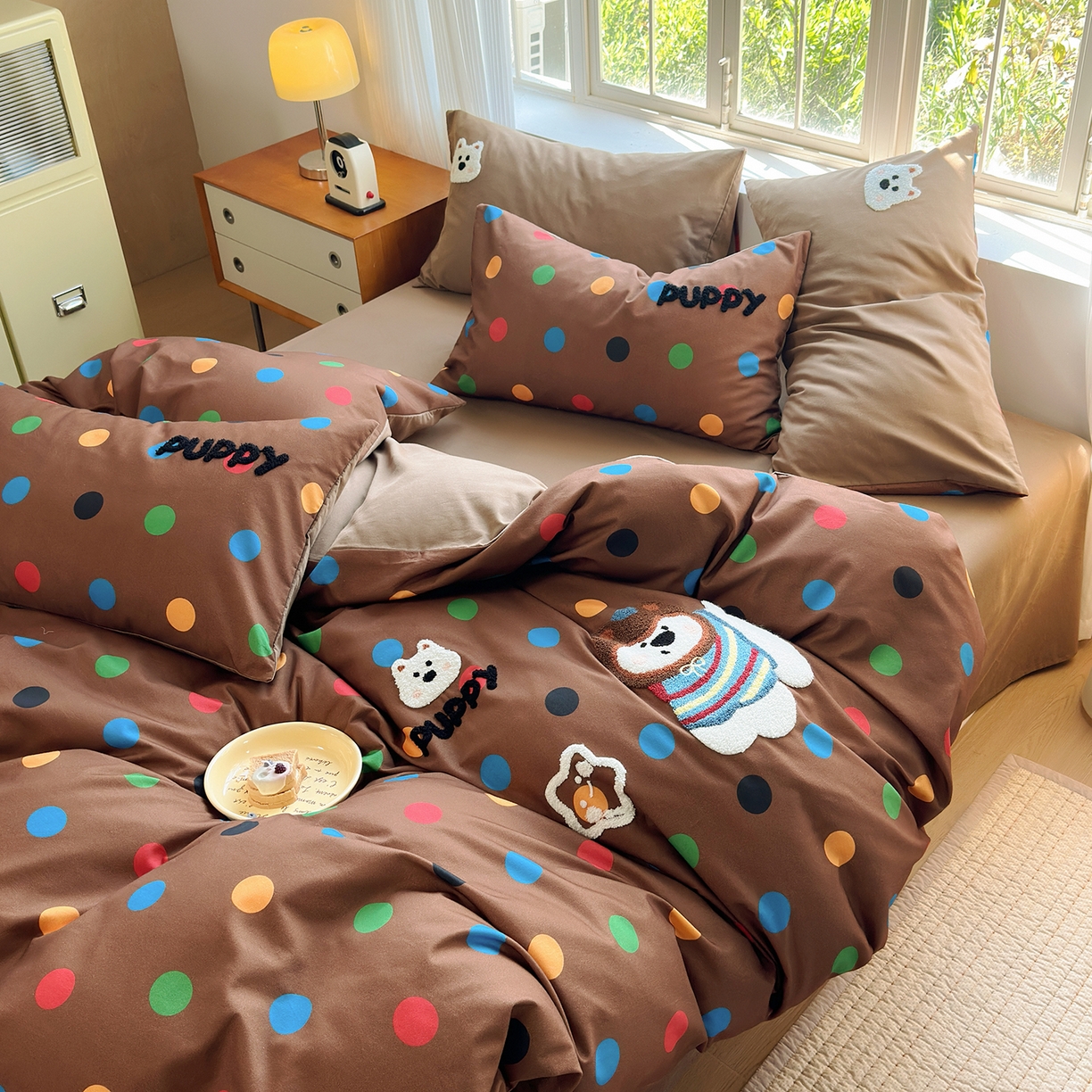 91家纺网 家纺一手货源 找家纺 怡家居 2025新款全棉纯棉磨毛绣花四件套-普通款 七彩小熊