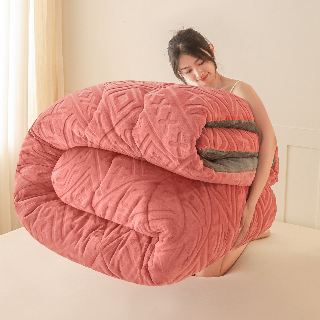 91家纺网 家纺一手货源 找家纺 美澳家纺 2025新款5D雕花绒牛奶绒宝宝绒加厚保暖纯色冬被被子被芯 豆沙红