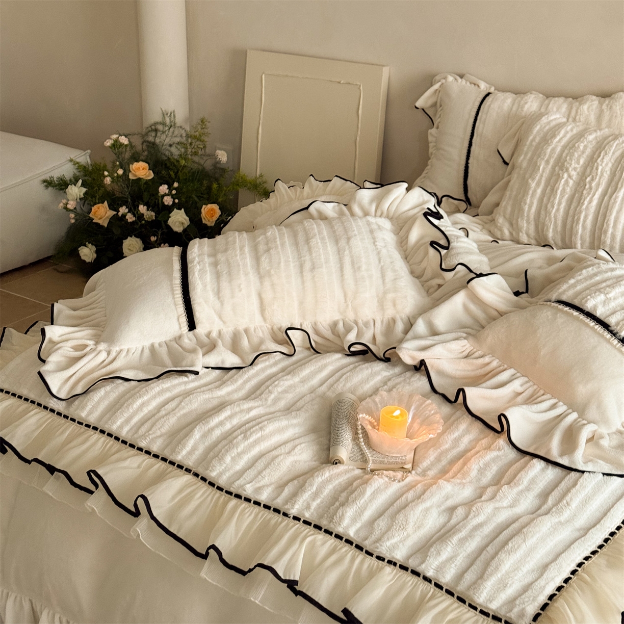 91家纺网 家纺一手货源 找家纺 （总）婳庭家居 2025新款兔毛绒大拼角四件套-空白情书