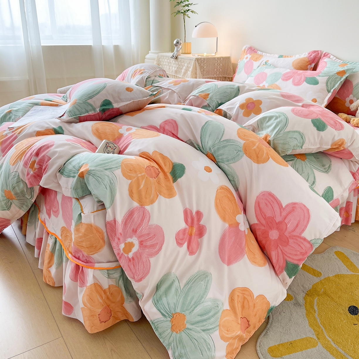 91家纺网 家纺一手货源 找家纺 （总）笠裙家纺 2025新款A类水洗棉韩版S边花边印花床裙四件套