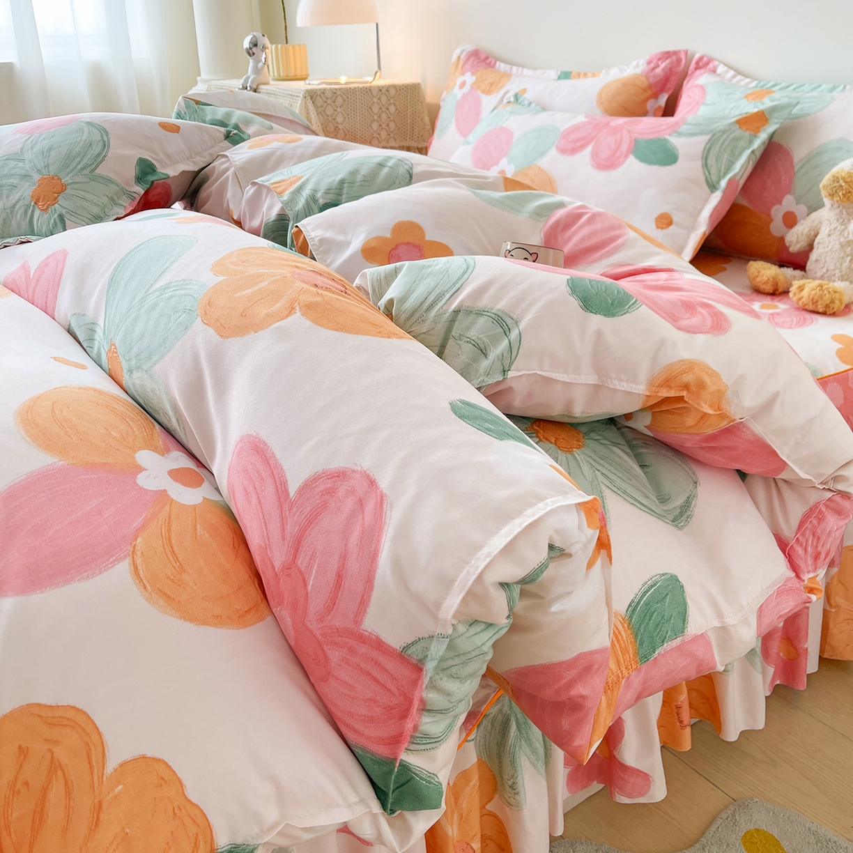 91家纺网 家纺一手货源 找家纺 （总）笠裙家纺 2025新款A类水洗棉韩版S边花边印花床裙四件套